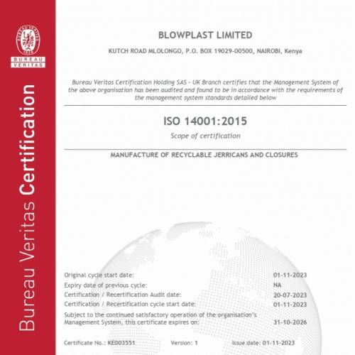 Blowplast receives ISO 14001:2015 Environment Management System Certification